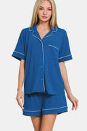 Zenana Button Down Short Sleeve Top and Shorts Lounge Set-Loungewear-Rae Collective, Women's Online Fashion Boutique Located in Phoenix, Arizona (Scottsdale Area)
