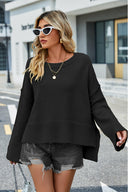 High-Low Slit Round Neck Long Sleeve Sweater-Rae Collective, Women's Online Fashion Boutique Located in Phoenix, Arizona (Scottsdale Area)