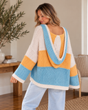 V-Neck Hooded Color Block Pullover Sweater