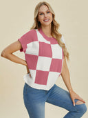 Double Take Full Size Checkered Round Neck Short Sleeve Sweater-Tops-Rae Collective, Women's Online Fashion Boutique Located in Phoenix, Arizona (Scottsdale Area)