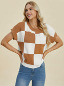 Double Take Full Size Checkered Round Neck Short Sleeve Sweater-Tops-Rae Collective, Women's Online Fashion Boutique Located in Phoenix, Arizona (Scottsdale Area)
