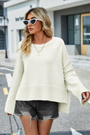 High-Low Slit Round Neck Long Sleeve Sweater-Rae Collective, Women's Online Fashion Boutique Located in Phoenix, Arizona (Scottsdale Area)