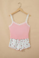 Pink Floral Lace Trim Ribbed Lounge Set
