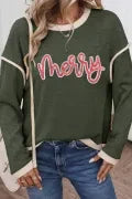 Merry Patched Graphic Contrast Trim Christmas Knitted Long Sleeve Top-Long Sleeve Tops-Krush Kandy, Women's Online Fashion Boutique Located in Phoenix, Arizona (Scottsdale Area)
