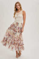 Floral Ruffled Mesh Midi Skirt-Skirts-Rae Collective, Women's Online Fashion Boutique Located in Phoenix, Arizona (Scottsdale Area)