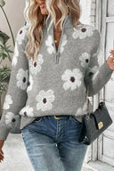 Flower Half Zip Long Sleeve Sweater-Sweaters-Rae Collective, Women's Online Fashion Boutique Located in Phoenix, Arizona (Scottsdale Area)