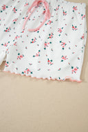 Pink Floral Lace Trim Ribbed Lounge Set