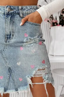 Beau Blue Shimmer Heart Pattern Distressed Denim Mini Skirt-Krush Kandy, Women's Online Fashion Boutique Located in Phoenix, Arizona (Scottsdale Area)