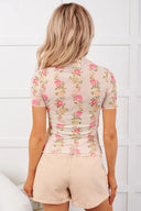 Beige Floral Mesh Mock Neck Top