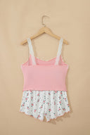 Pink Floral Lace Trim Ribbed Lounge Set