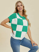 Double Take Full Size Checkered Round Neck Short Sleeve Sweater-Tops-Rae Collective, Women's Online Fashion Boutique Located in Phoenix, Arizona (Scottsdale Area)