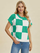 Double Take Full Size Checkered Round Neck Short Sleeve Sweater-Tops-Rae Collective, Women's Online Fashion Boutique Located in Phoenix, Arizona (Scottsdale Area)