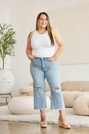 RfM Full Size Tummy Control High Waist Raw Hem Distressed Jeans-Rae Collective, Women's Online Fashion Boutique Located in Phoenix, Arizona (Scottsdale Area)