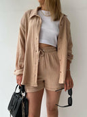 Kinsley Texture Button-Up Shirt and Drawstring Shorts Set-Rae Collective, Women's Online Fashion Boutique Located in Phoenix, Arizona (Scottsdale Area)