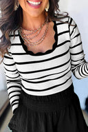 Black & White Striped Scallop Neck Ribbed Top-Sweaters-Krush Kandy, Women's Online Fashion Boutique Located in Phoenix, Arizona (Scottsdale Area)