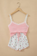 Pink Floral Lace Trim Ribbed Lounge Set