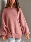 Double Take Side Slit Round Neck Long Sleeve Sweater-Sweaters-Rae Collective, Women's Online Fashion Boutique Located in Phoenix, Arizona (Scottsdale Area)