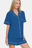 Zenana Button Down Short Sleeve Top and Shorts Lounge Set-Loungewear-Rae Collective, Women's Online Fashion Boutique Located in Phoenix, Arizona (Scottsdale Area)
