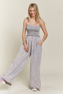 Mineral Wash Smocked Adjustable Jumpsuit-Jumpsuits & Rompers-Krush Kandy, Women's Online Fashion Boutique Located in Phoenix, Arizona (Scottsdale Area)