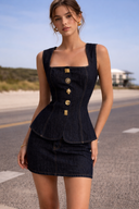 Navy Button Front Peplum Top