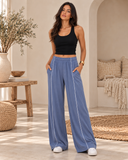 Black Contrast Piping Wide Leg Pants