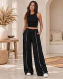 Black Contrast Piping Wide Leg Pants