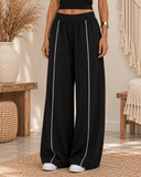 Black Contrast Piping Wide Leg Pants