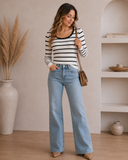 Black & White Striped Scallop Neck Ribbed Top