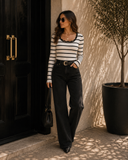 Black & White Striped Scallop Neck Ribbed Top