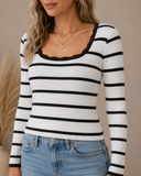 Black & White Striped Scallop Neck Ribbed Top