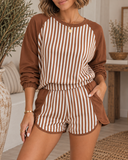 Brown Stripe Color Block Patchwork Quarter Zip Pullover Sporty Shorts Set