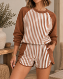 Brown Stripe Color Block Patchwork Quarter Zip Pullover Sporty Shorts Set