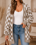 Brown Checkered Colorblock Cardigan