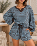 Brown Stripe Oversized Long Sleeve Top Drawstring Loose Shorts 2pcs Set