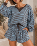 Brown Stripe Oversized Long Sleeve Top Drawstring Loose Shorts 2pcs Set
