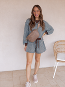 Brown Stripe Oversized Long Sleeve Top Drawstring Loose Shorts 2pcs Set