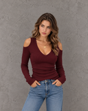 Sorelle Sculpt Ribbed Cold Shoulder V-Neck Top