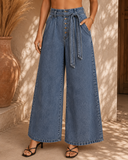 Button Front Wide Leg Denim Jumpsuit