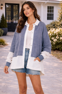 Contrast Bottom & Sleeve Layered Collared French Terry Cardigan Jacket