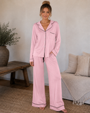 Midnight Muse Contrast Piping Button-Down Lounge Set