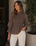 Dot Darling Shirred High Neck Ruffle Blouse