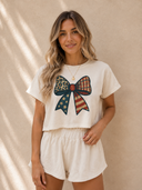 Leopard Flag Day Bow Print Loose Tee High Waist Skort Set