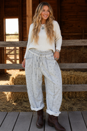 Gray Floral Print Elastic Waist Regular Fit Pants