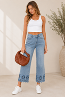 Embroidered Cropped Wide Leg High Waist Jeans