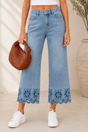 Embroidered Cropped Wide Leg High Waist Jeans