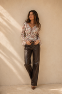 Floral Print Stitched Detail Tie V Neck Long Bell Sleeve Blouse
