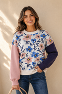 Floral Panel Colorblock Sleeve Patchwork Sweater