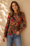 Sheer Floral Print Lettuce Trim Long Sleeve Mesh Top