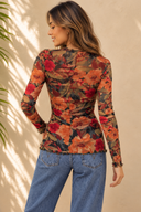 Sheer Floral Print Lettuce Trim Long Sleeve Mesh Top