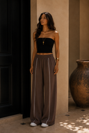 Black Contrast Piping Wide Leg Pants